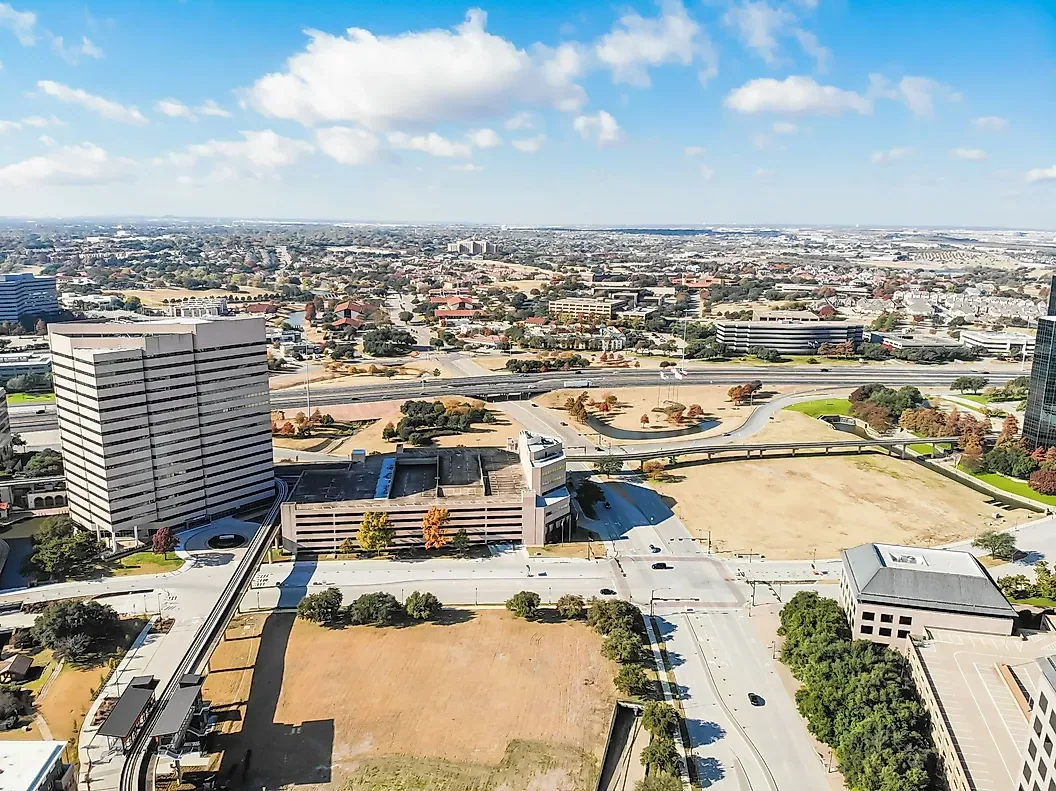 Aerial view of Irving, Texas office and apartment buildings